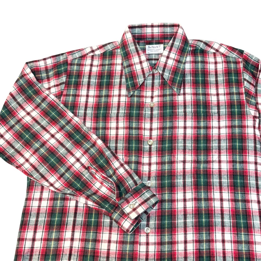 Vintage 70s Selkirk Flannel Shirt Mens Large Red Green Plaid  USA dagger collar